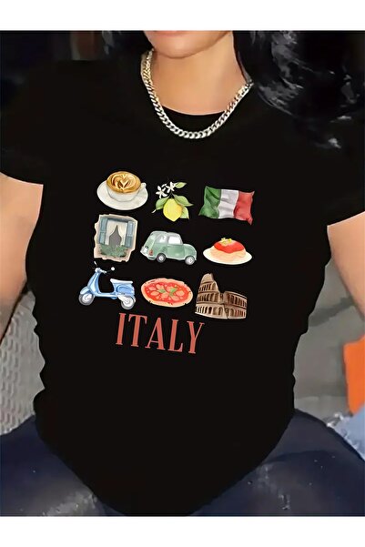 En22 Women' Italy-Themed T-Shirt - Pizza, Flag Print Short Sleeve Top Lightwe...