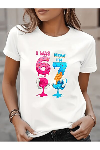 En22 White Minimalist Style 67 Number Funny Meme Print Short Sleeve Round Nec...