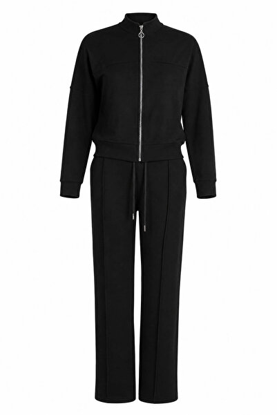 trender College Collar Black Women's Top and Bottom Set 2371