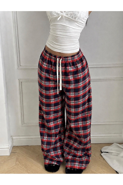 Gofeel Unisex Kareli Ekose Bol Paça Eşofman Altı %90 Pamuk