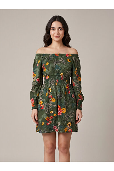 gökçesu Women's Carmen Collar Long Sleeve Elastic Waist Mini Dress