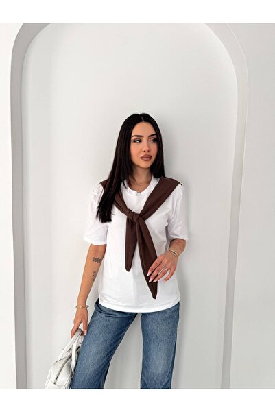 Jöns Butik Women's Scarf Detailed T-Shirt – Basic Stylish T-Shirt with Scarf