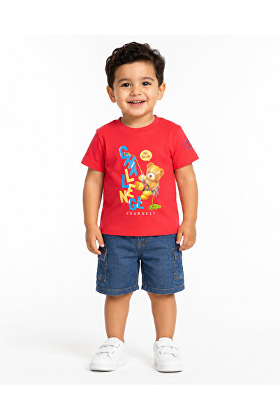 MADE Boy's 2 Piece Outfit Set T-Shirt and Cargo Denim Shorts Set