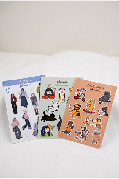 Plumie 3’lü A6 Sticker Sheet Seti – Fit Check, Girls & Cats ve Like Animals