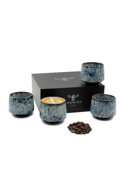 PHENIOX Căni barista pentru cappuccino, Tibet Blue, ceramică din gresie, set ...
