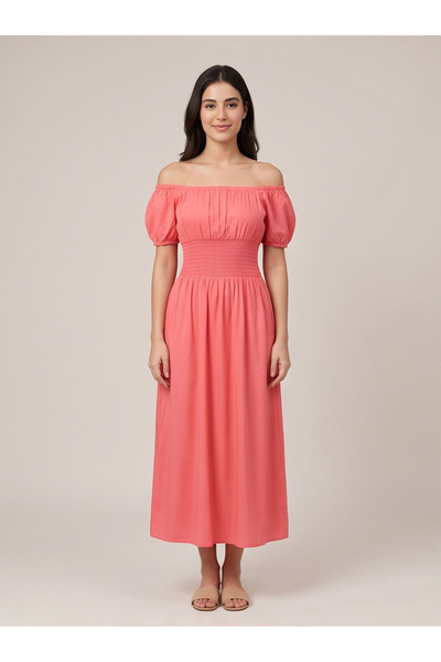 gökçesu Women's Madonna Collar Waist Gathered Short Sleeve Soft Textured Comf...