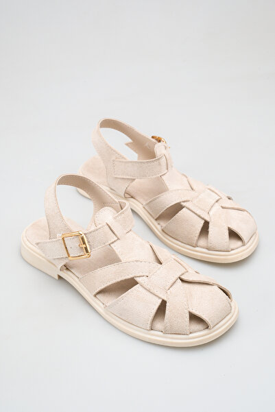 Bak Store Beige Suede Women's Sandals with Cage Model Buckle Detail
