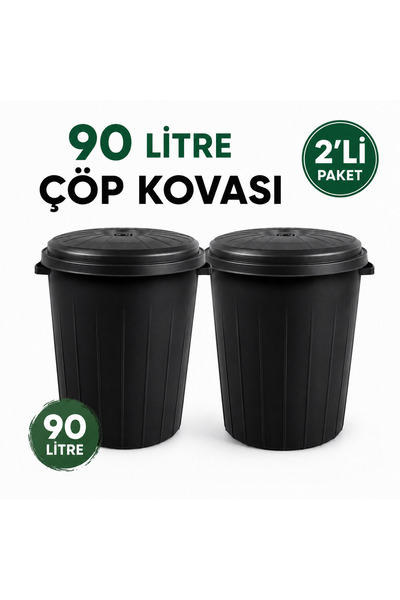 LİDERAMBALAJ07 2'li Paket 90 Litre Kapaklı Çöp Kovası Antrasit | Dayanıklı Pl...