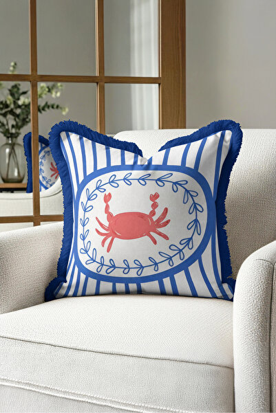 Evimde Bambaşka Sea Marine Crab Design Fringed Pillowcase-Coastal Retro Blue ...