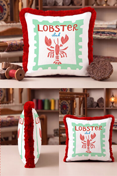 Evimde Bambaşka Vintage Fringed Pillowcase with Sea Lobster Figure - Coastal ...