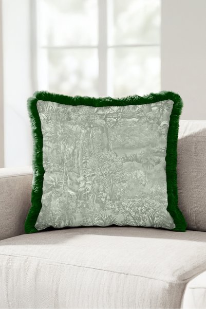 Evimde Bambaşka Exotic Tropical Forest Motif Fringed Pillowcase - Elegant Botanical Gray Black Tassel Throw Pillow Cover