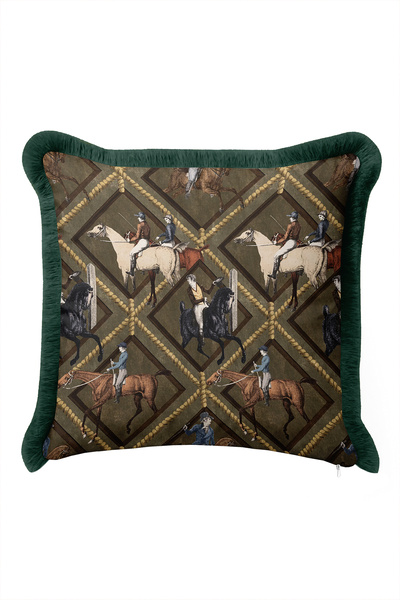 Evimde Bambaşka Hunter Rider Horse Figured Lattice Patterned Fringed Pillowca...