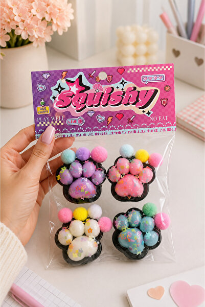 UĞURDAN Kedi Patili Squishy Oyuncak 4’lü Renkli Ponponlu Yumuşak Sukuşi Taba ...