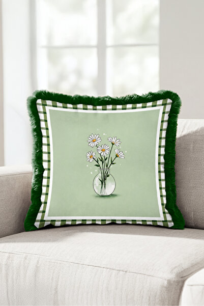 Evimde Bambaşka Daisy Floral Plaid Fringed Pillowcase - Spring Themed Green C...