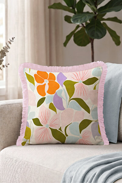 Evimde Bambaşka Floral Patterned Elegant Botanical Fringed Pillowcase-Pastel ...