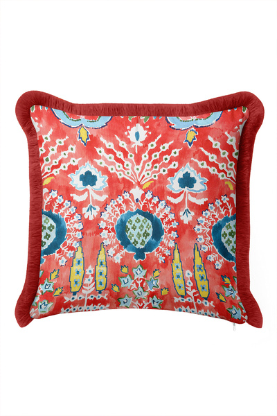 Evimde Bambaşka Ethnic Coral Flower Fringed Pillowcase - Retro Red Blue Burgu...
