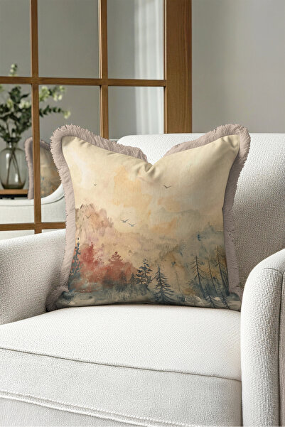 Evimde Bambaşka Landscape Forest Mountain Elegant Fringed Pillowcase - Misty ...