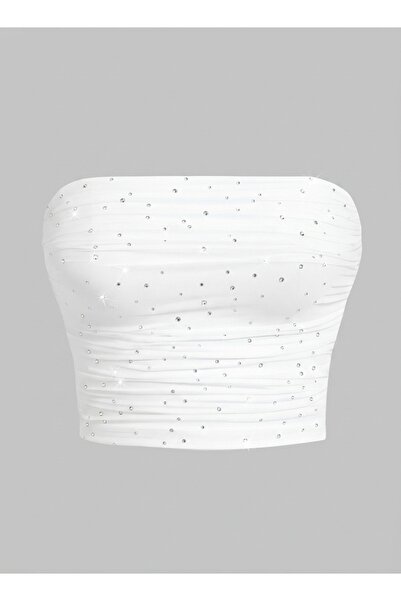 auraandmore DRAPLELİ TAŞ DETAYLI STRAPLEZ DIAMOND CROP BLUZ