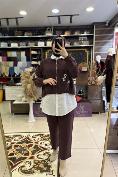 HÜMEYRA BUTİK Three-Piece Shirt and Stone Detailed Trousers Set