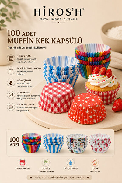 HİROS'H 100 Adet Kağıt Kek Kapsülü | Muffin Cupcake Kek Kapsülü | 100'lü Kağı...