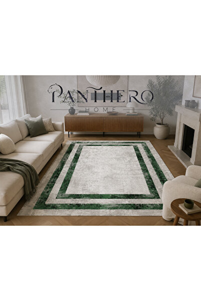 Panthero Home Yeşil Eskitme Çerçeve Desenli Kaymaz Taban Süngerli Yıkanabilir...