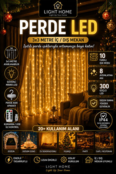 Light Home 300 LED Perde LED 3x3 Metre USB Kumandalı Gün Işığı Oda Balkon Par...