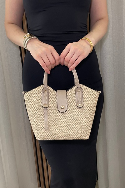 Fibag Women's Beige Straw Look Bag - Adjustable Long Strap Hand and Shoulder Bag