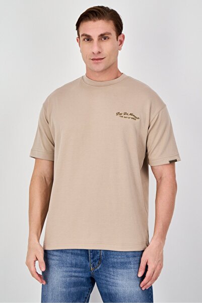 Pas De Monaco Men Crew Neck Short Sleeve Embroidered Logo T-Shirt, Tan