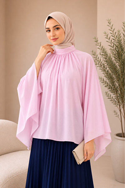 SADEL Astarlı Oversize İspanyol Kol Detaylı Vual Bluz - Pembe