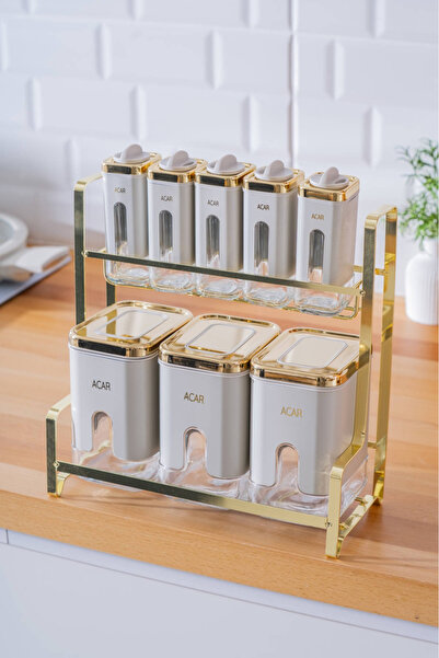 Onedekor Mabel 8 li Metal Standlı Cam Baharatlık Seti Raflı