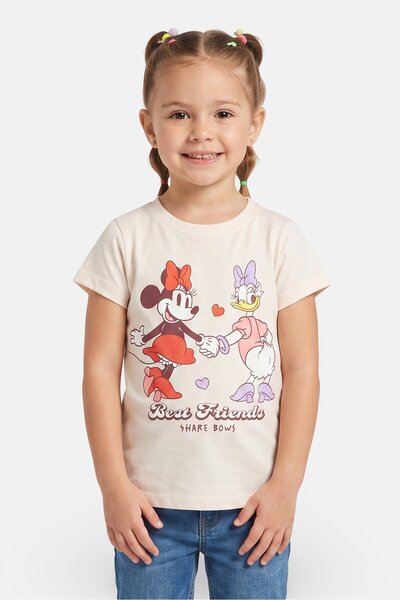 Disney Kids Girl Crew Neck Short Sleeve Mivkey Minnie Print T-Shirt, Cream