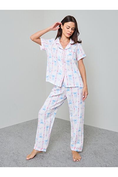 Take Two By Styli White Bow Print Shirt And Pyjama Set