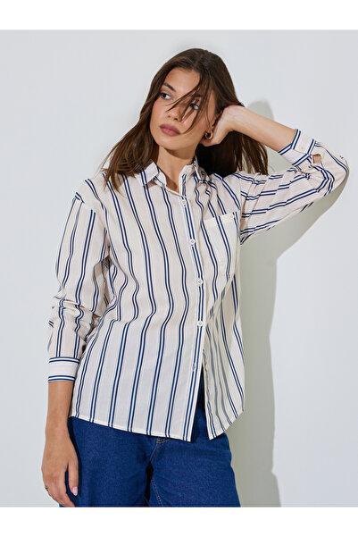 Styli Cream Striped Longline Shirt With Long Sleeves