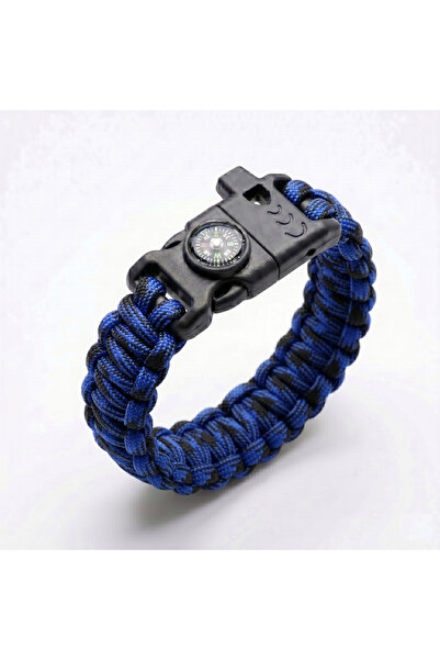 Alpin Paracord Mavi & Siyah Bushcraft Bileklik - Düdük, Pusula, Ateş Başlatıcı