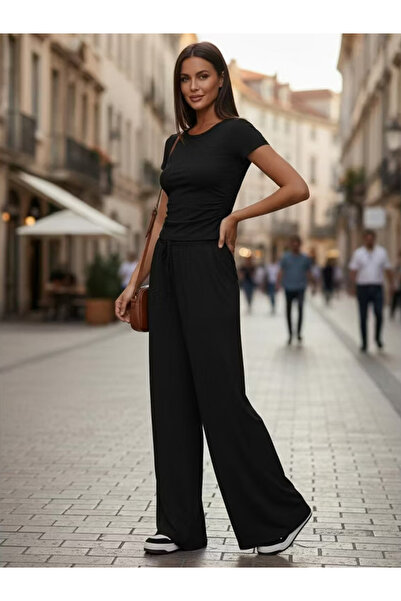 Take Two By Styli Black Solid Crop Top And Casual Pants Co-Ord Set