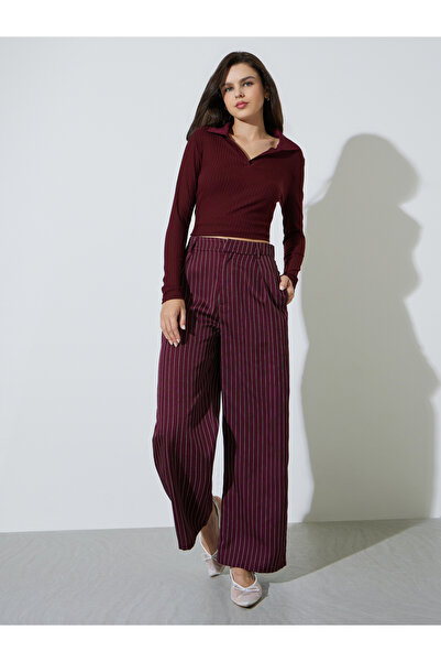 Take Two By Styli Burgundy Striped Wide Leg Trousers