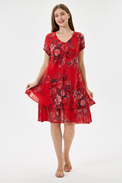 della moor Red Italian Floral Patterned Lined Short Dress 38 - 42 Size