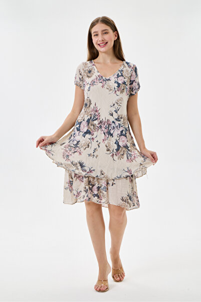della moor Beige Italian Floral Patterned Lined Short Dress Size 38 - 42