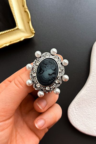 MADAM PEONY Vintage Tasarım Siyah Cameo İncili Kadın Broş