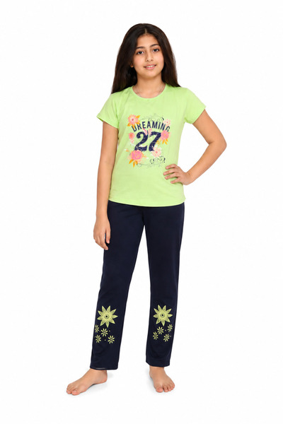 Generic Girls' Set Light Green T-Shirt and Navy Floral Leggings