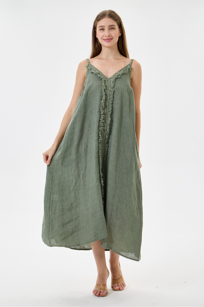della moor Khaki Italian 100% Linen Long Linen Dress with Tassels and Adjusta...