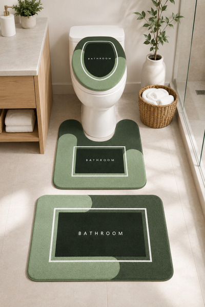 DECOVİST HOME Kaymaz Tabanlı Yıkanabilir 3’lü Klozet Takımı Yeşil Banyo Paspa...