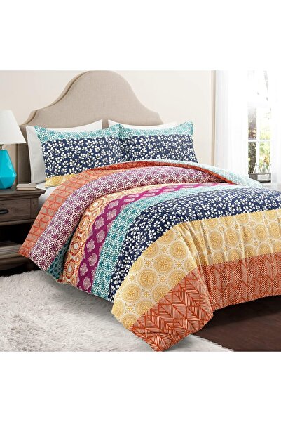 Lush Decor Bohemian Stripe Reversible 3 Piece Cotton Duvet Cover Set, King, F...