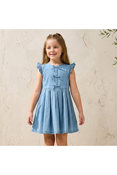 Juniors Round Neck Sleeveless A-line Denim Dress with Bow Detail