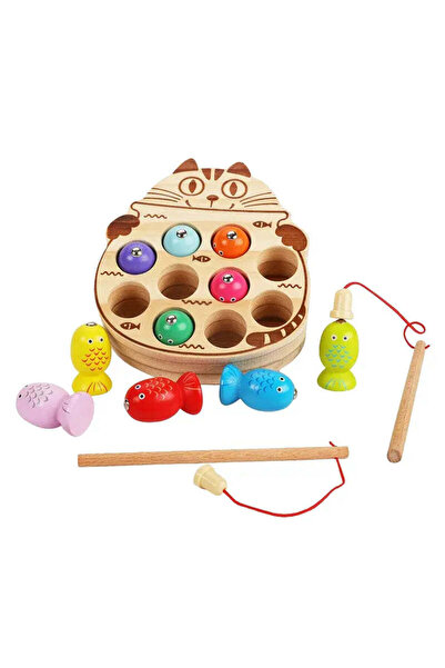 LeanToys Lean Toys Магнитна игра за риболов, Дървена котка, 10 рибки и 2 въди...