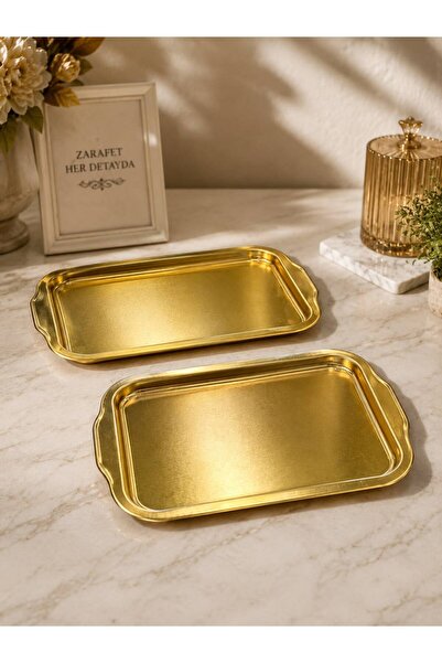 BYSABO 2'lı Gold Dikdörtgen Sunumluk Metal Servis Tepsisi