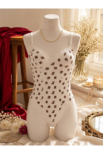 dem merys Minish Teddy Bear Patterned Camisole Lace Bodysuit