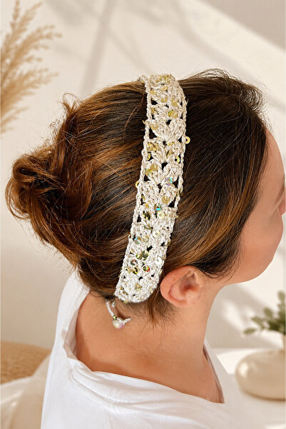 ESYCREATİVE ESY SAÇ AKSESUARI, TAÇ, KEMER BANDANA, KREM, GOLD PULLU