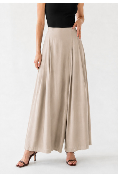 Warasiva Women's Beige 100% Tencel Elastic Waist Double Pocket Skirt-Looking ...