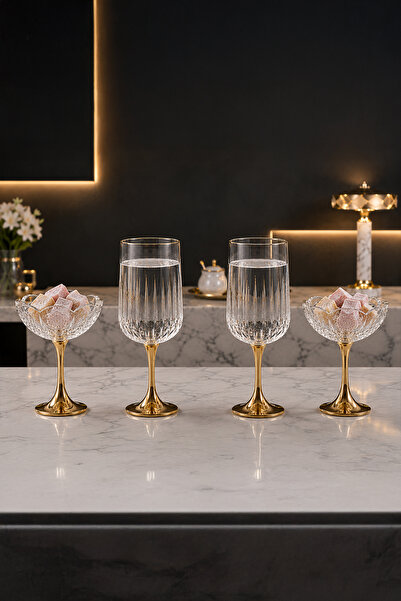 iselahome Gold Metal Ayaklı Cam Kahve Yanı Bardak ve Sunumluk Şekerlik Lokuml...